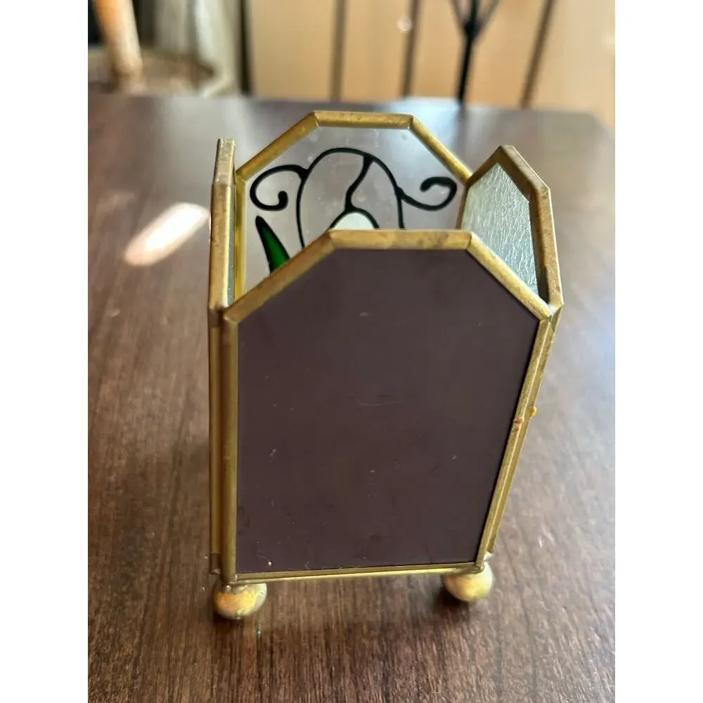 Vintage flash painted floral Glass Candle Holder brass frame